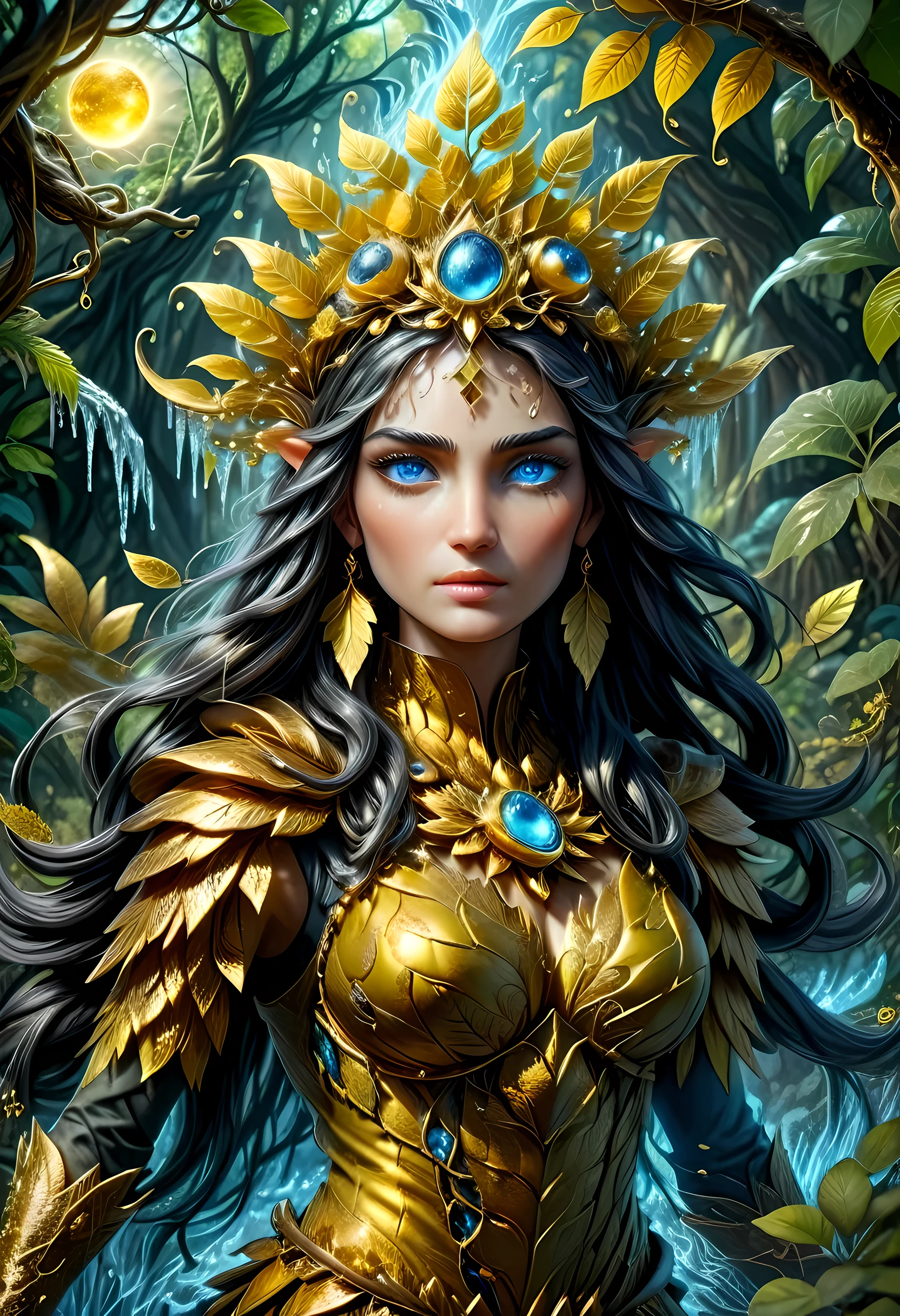 (gold leaf art: 1.5) high details, best quality, 16k, [ultra detailed], masterpiece, best quality, (extremely detailed), dynamic angle, ultra wide shot, RAW, photorealistic, fantasy art, realistic art, a female druid (intricate details, Masterpiece, best quality: 1.5) in a jungle, a female wearing (gold leaf: 1.3) clothes intricate details, Masterpiece, best quality: 1.4), leather boots, thick hair, long hair, black hair, intense (blue: 1.3) eyes, vibrant jungle (intense details), plenty of plant life, vines coming from trees, many jungle trees (1.3 intricate details, Masterpiece, best quality), vines, a river flowing, sun light, golden light. dynamic angle, (intricate details, Masterpiece, best quality: 1.5) , 2.5 rendering, high details, best quality, highres, ultra wide angle