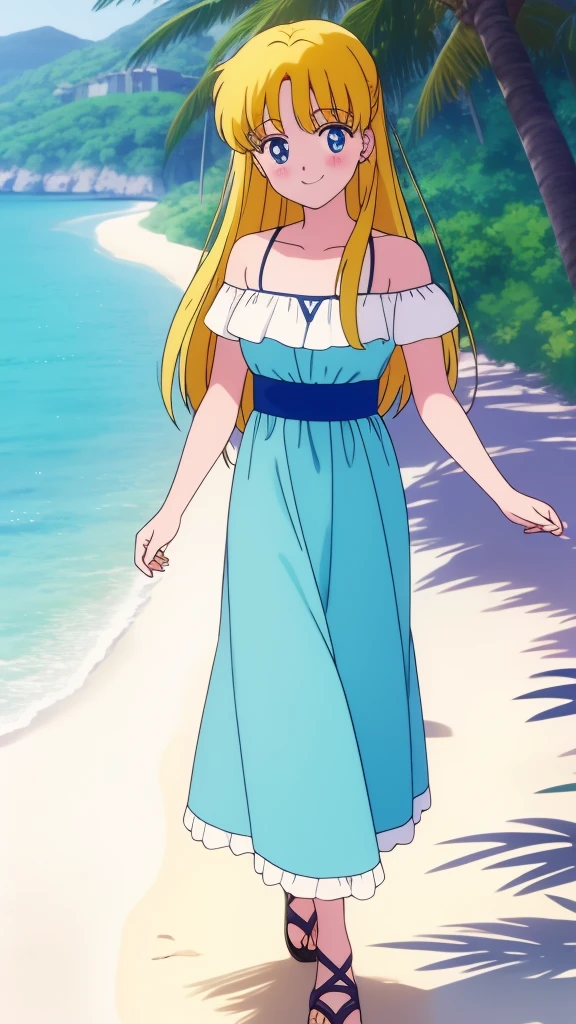 masterpiece, best quality, highres, outdoors, small breasts, 1 girl, Solo, Blue Eyes, Beautiful Detail Eyes, Yellow Medium Hair, Yellow Straight Hair, Bangs, Good hands are down, Smile, Blushing, Bare Neck, Bare Shoulders, strapless, White Ruffle Off-the-Shoulder maxi dress. Cowboy shot. A landscape of the beach, blue skies, sand beach, In the center. Walking in bare feets.