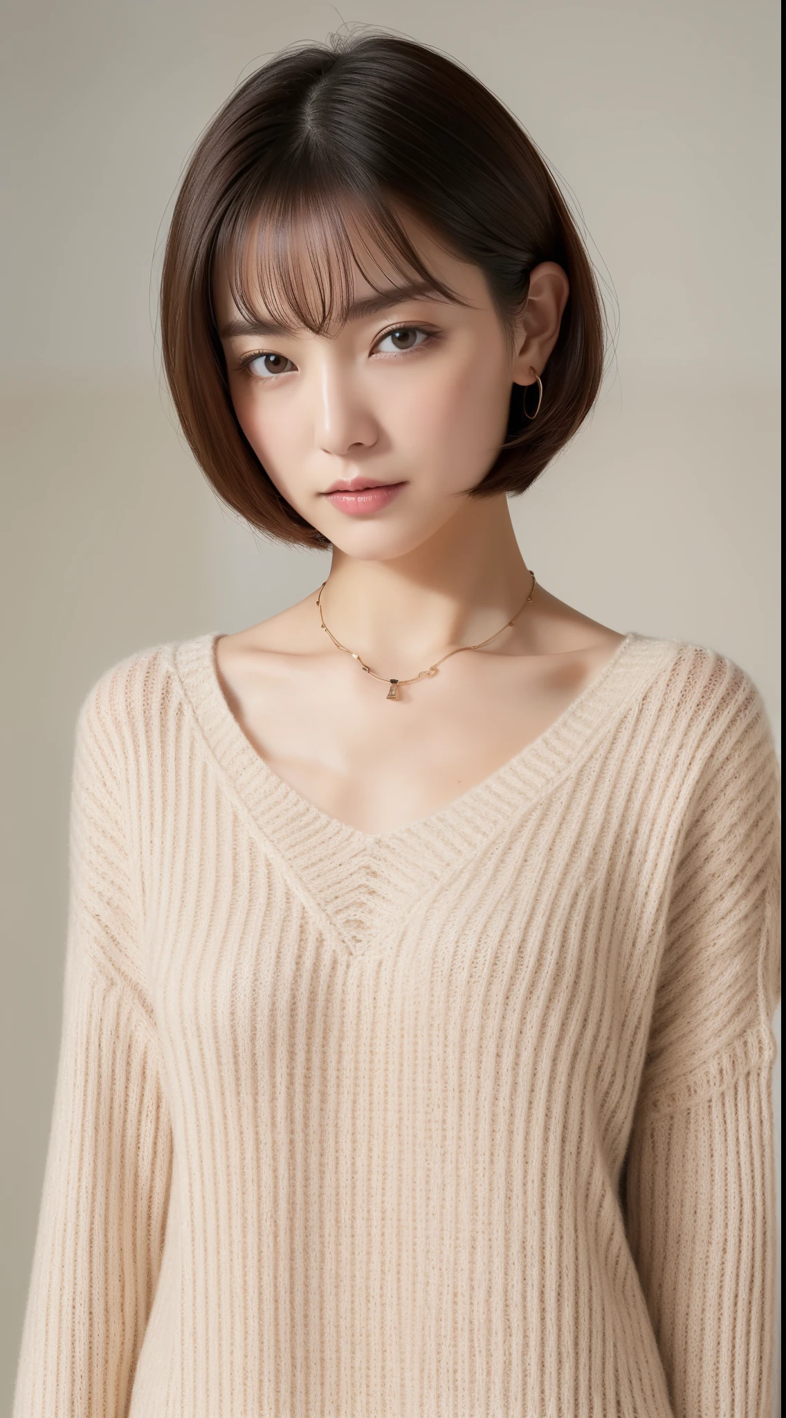 (highest quality, 8K, 32k, masterpiece, UHD:1.2),Beautiful Japanese woman photo, big breasts, very short bob hair,Upper body,face focus,Extra large_sweater, necklace, simple background, From above, looking at the viewer,