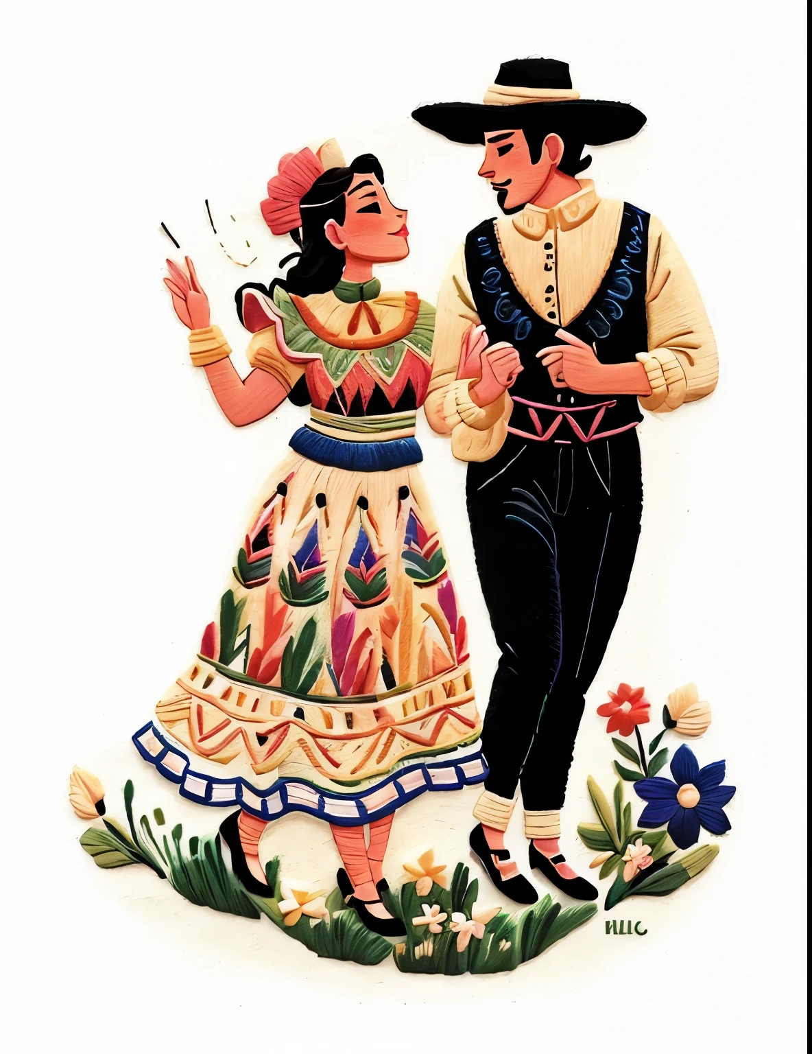 made of wool, wool sewing, an illustration of a young couple (dancing) in mexican costumes standing on a map, folklorico, mexican folklore, traditional costume, latino, folkloric illustration, traditional clothes, traditional clothing, dancers, traditional dress, authentic costume, latino american, folklore, wearing authentic attire, hispanic, mexican charro, mexican, mexico, (((Turn the image into wool embroidery)))