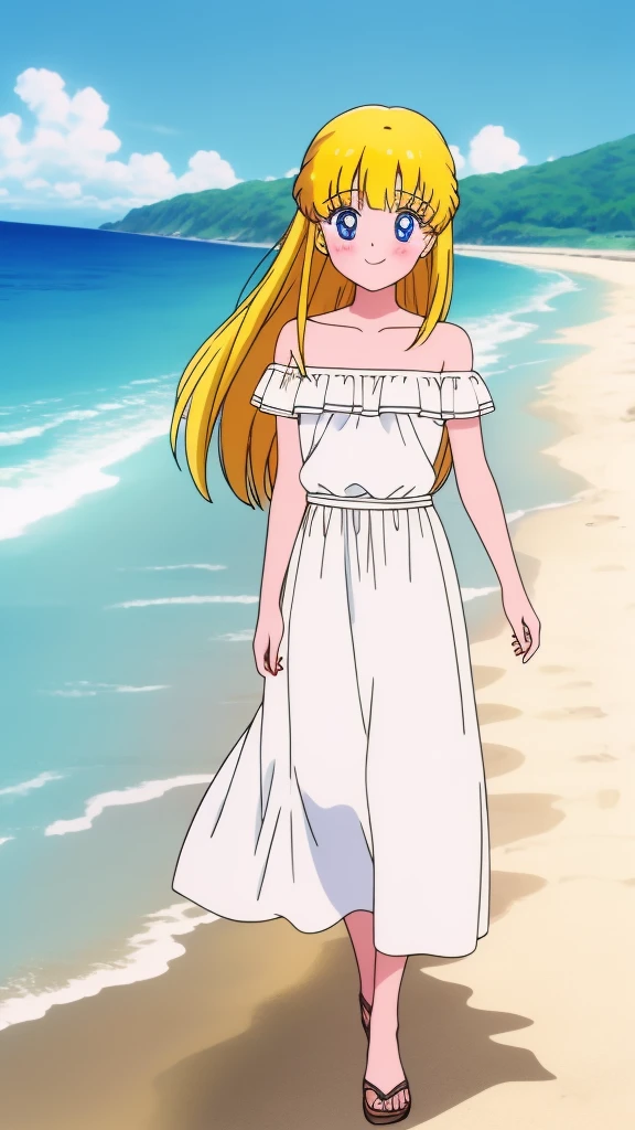 masterpiece, best quality, highres, outdoors, small breasts, 1 girl, Solo, Blue Eyes, Beautiful Detail Eyes, Yellow Medium Hair, Yellow Straight Hair, Bangs, Good hands are down, Smile, Blushing, Bare Neck, Bare Shoulders, strapless, White Ruffle Off-the-Shoulder maxi dress. Cowboy shot. A landscape of the beach, blue skies, sand beach, In the center. Walking in bare feets.