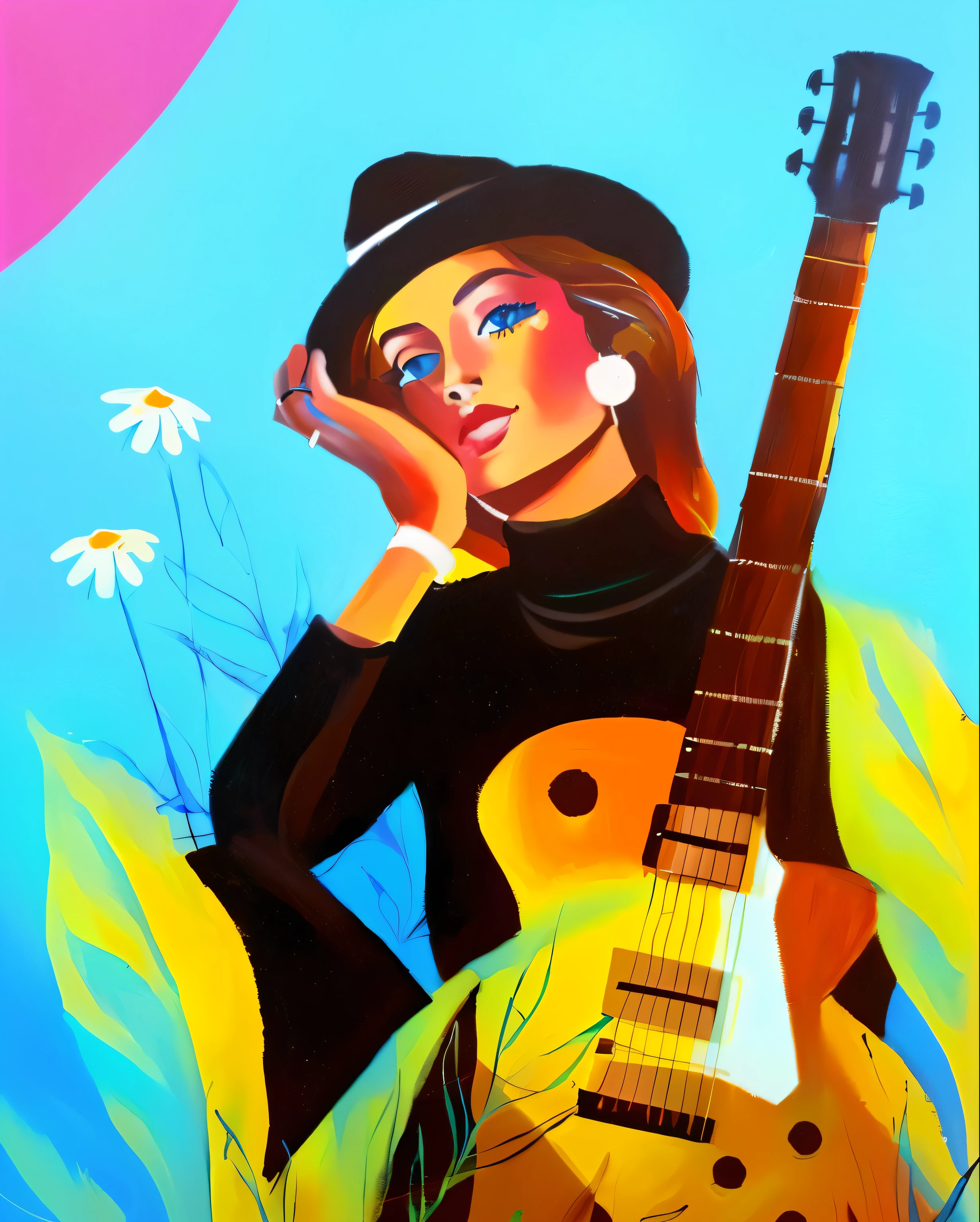 painting of a woman with a guitar and a flower, in style of digital illustration, solo portrait 🎨🖌️, illustration style, digital art illustration, digital illustration, inspired by Gee Vaucher, singer - songwriter, digital illustation, singer songwriter, illustration!, digital ilustration, fanart, the girl plays the guitar, trending on artstration