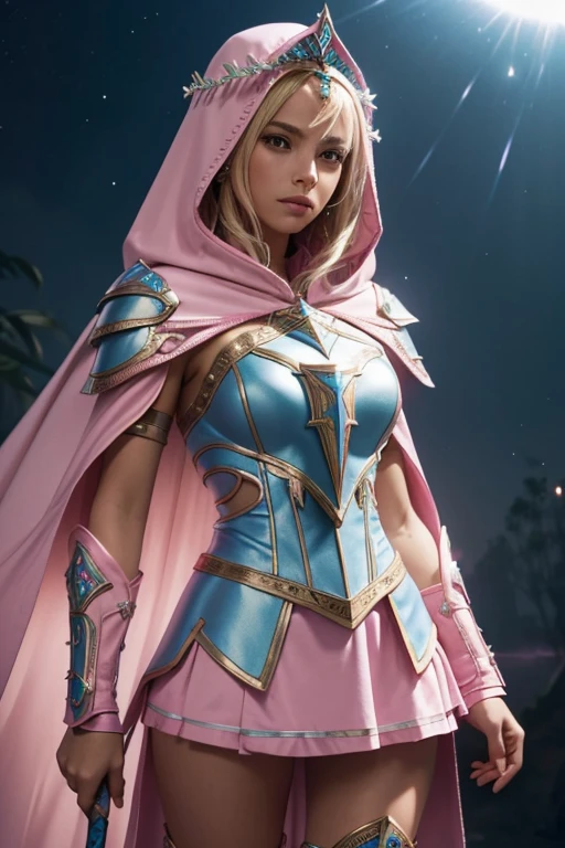 Latin female blond dark fantasy knight wearing an intricate elaborate futuristic light blue armor with elaborated pink ornaments, blue pointed hooded tunic no helmet, pink short cape, pink short mini skirt, wearing a short staff, pink lightning, pink eclipse, magic circle behind, ethereal lightning, sharp focus