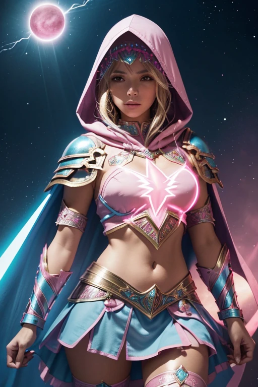 Latin female blond dark fantasy knight wearing an intricate elaborate futuristic light blue armor with elaborated pink ornaments, blue pointed hooded tunic no helmet, pink short cape, pink short mini skirt, wearing a short staff, pink lightning, pink eclipse, magic circle behind, ethereal lightning, sharp focus