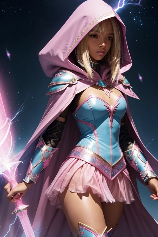 black Female blond dark fantasy knight wearing an intricate elaborate futuristic light blue armor with elaborated pink ornaments, blue pointed hooded tunic no helmet, pink short cape, pink short mini skirt, wearing a short staff, pink lightning, pink eclipse, magic circle behind, ethereal lightning, sharp focus