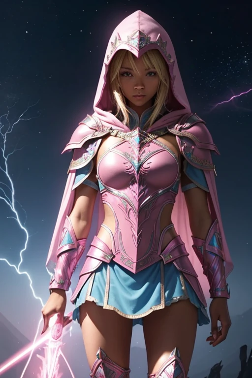 black Female blond dark fantasy knight wearing an intricate elaborate futuristic light blue armor with elaborated pink ornaments, blue pointed hooded tunic no helmet, pink short cape, pink short mini skirt, wearing a short staff, pink lightning, pink eclipse, magic circle behind, ethereal lightning, sharp focus