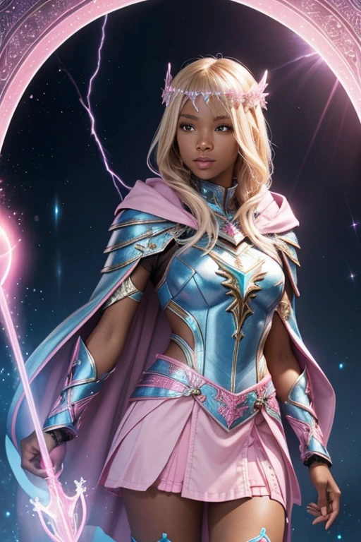 black Female blond dark fantasy knight wearing an intricate elaborate futuristic light blue armor with elaborated pink ornaments, blue pointed hooded tunic no helmet, pink short cape, pink short mini skirt, wearing a short staff, pink lightning, pink eclipse, magic circle behind, ethereal lightning, sharp focus