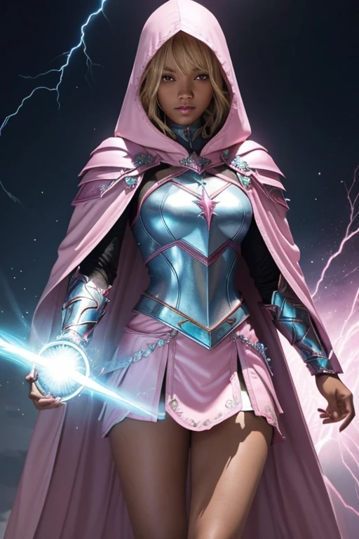 black Female blond dark fantasy knight wearing an intricate elaborate futuristic light blue armor with elaborated pink ornaments, blue pointed hooded tunic no helmet, pink short cape, pink short mini skirt, wearing a short staff, pink lightning, pink eclipse, magic circle behind, ethereal lightning, sharp focus