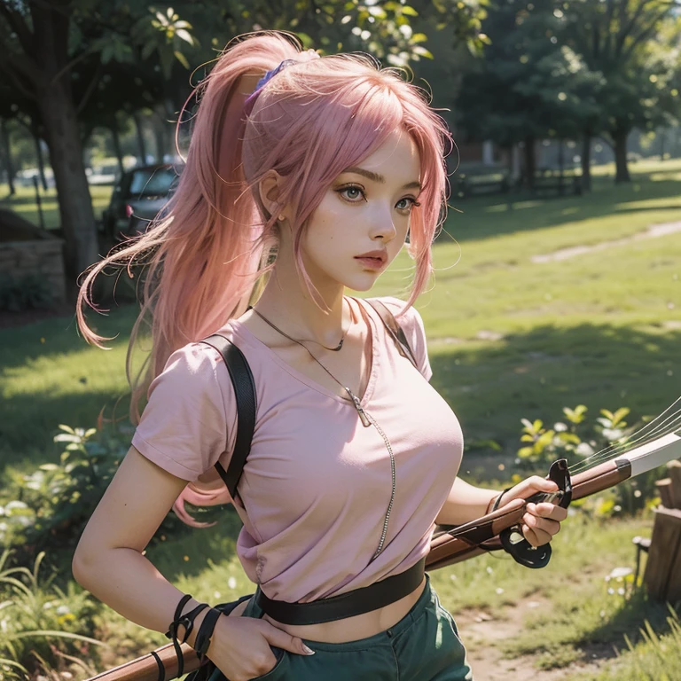 25 year old woman, european, serious face, pink hair, ponytail, brown eyes, green short shirt, holdind crossbow, stretching, Green ribbon, under boob