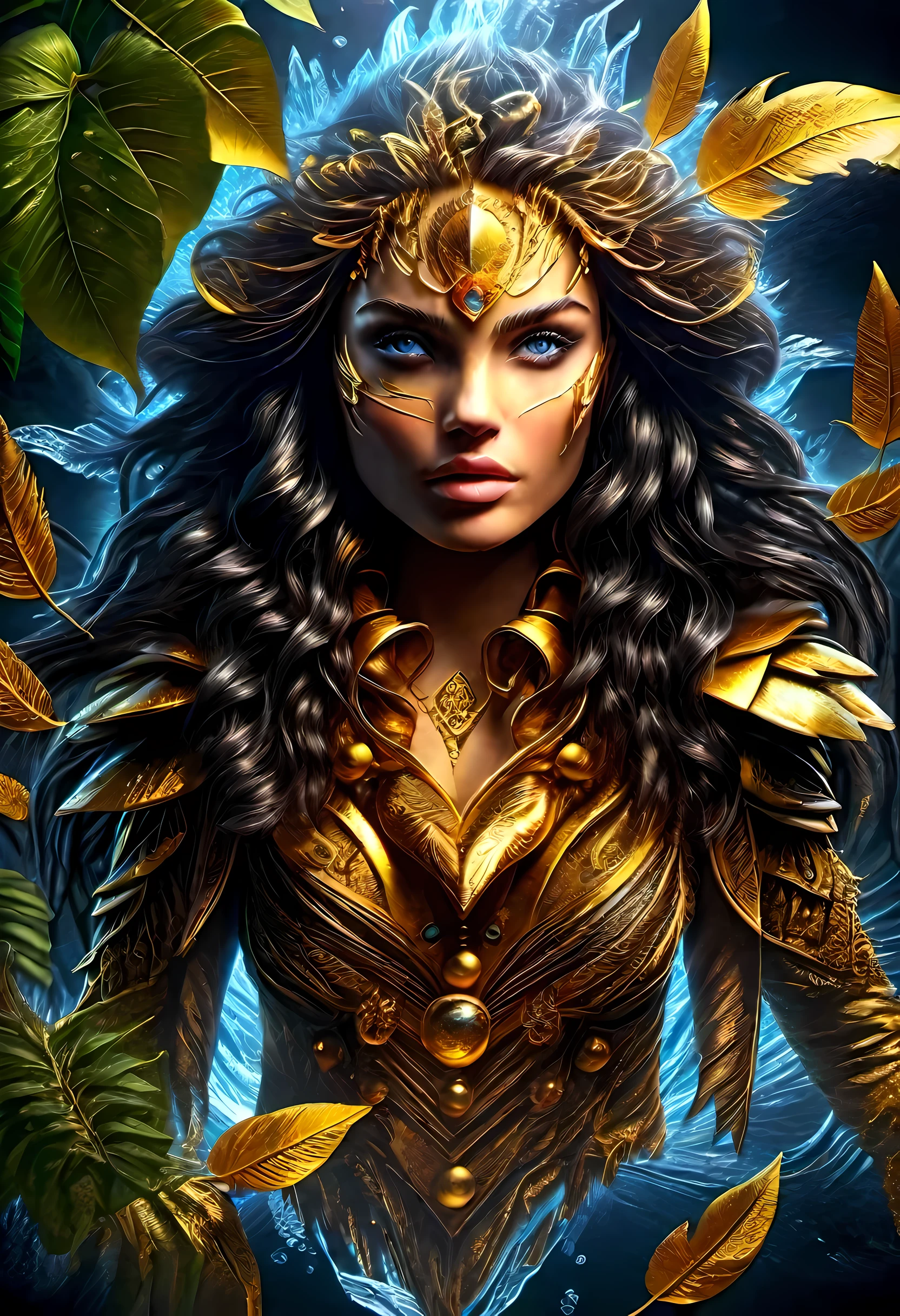 (gold leaf art: 1.5) high details, best quality, 16k, [ultra detailed], masterpiece, best quality, (extremely detailed), dynamic angle, ultra wide shot, RAW, photorealistic, fantasy art, realistic art, a female druid (intricate details, Masterpiece, best quality: 1.5) in a jungle, a female wearing (gold leaf: 1.3) clothes intricate details, Masterpiece, best quality: 1.4), leather boots, thick hair, long hair, black hair, intense (blue: 1.3) eyes, vibrant jungle (intense details), plenty of plant life, vines coming from trees, many jungle trees (1.3 intricate details, Masterpiece, best quality), vines, a river flowing, sun light, golden light. dynamic angle, (intricate details, Masterpiece, best quality: 1.5) , 2.5 rendering, high details, best quality, highres, ultra wide angle