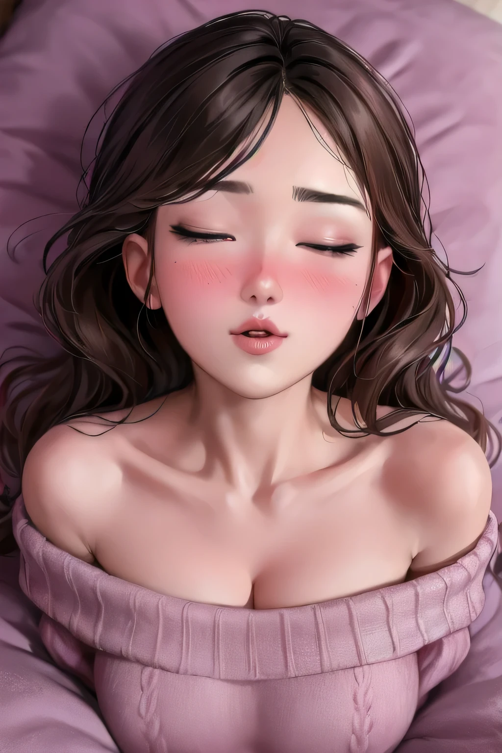 Sexy woman, eyes closed, mouth open, very deep blush, tip of the nose is red, long neck, off shoulder pink sweater, medium chest, visible cleavage, bedroom, warm lighting , lying on bed, head on pillow, facing up 