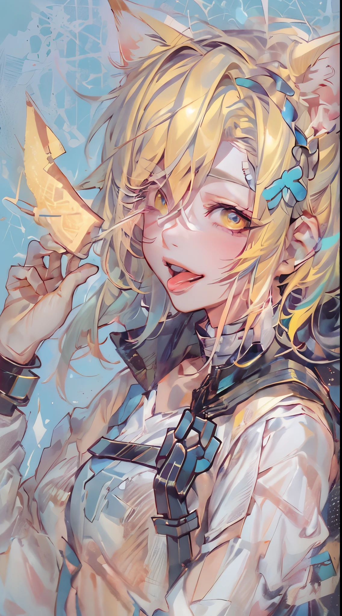 1 girl, pastelcolor, yellow hair strokes, Cyan eyes, short detailed hair, Small cat ears, Cyberpunk clothes, There are a lot of hairpins in the hair, Shoulders open, Hands open, Slimming the waist, A happy smile with a long tongue sticking out, Long tongue, whole-length, legsupms, Reference, Anime reference, Reference roles from different angles, white backgrounid