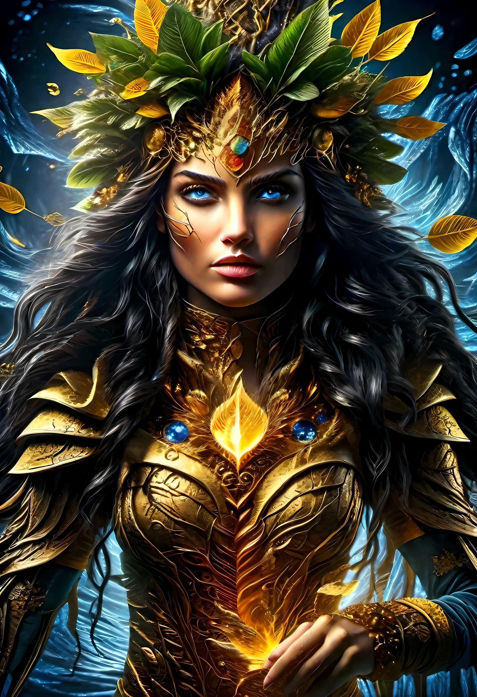 (gold leaf art: 1.5) high details, best quality, 16k, [ultra detailed], masterpiece, best quality, (extremely detailed), dynamic angle, ultra wide shot, RAW, photorealistic, fantasy art, realistic art, a female druid (intricate details, Masterpiece, best quality: 1.5) in a jungle, a female wearing (gold leaf: 1.3) clothes intricate details, Masterpiece, best quality: 1.4), leather boots, thick hair, long hair, black hair, intense (blue: 1.3) eyes, vibrant jungle (intense details), plenty of plant life, vines coming from trees, many jungle trees (1.3 intricate details, Masterpiece, best quality), vines, a river flowing, sun light, golden light. dynamic angle, (intricate details, Masterpiece, best quality: 1.5) , 2.5 rendering, high details, best quality, highres, ultra wide angle
