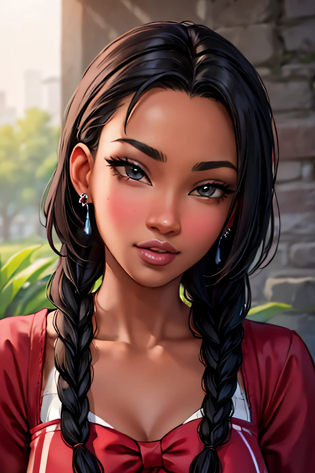 (masterpiece, best quality), deep ebony 1girl, beautiful face, freely hanging braids, red checks.