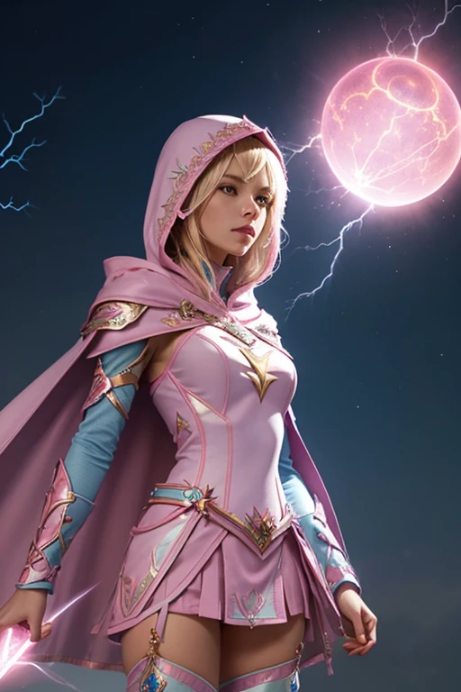 Female blond dark fantasy knight wearing an intricate elaborate futuristic light black armor with elaborated pink ornaments, blue pointed hooded tunic no helmet, pink short cape, pink short mini skirt, wearing a short staff, pink lightning, pink eclipse, magic circle behind, ethereal lightning, sharp focus
