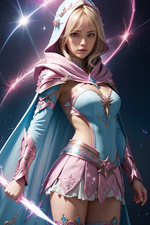 caucasian Female blond dark fantasy knight wearing an intricate elaborate futuristic light blue armor with elaborated pink ornaments, blue pointed hooded tunic no helmet, pink short cape, pink short mini skirt, wearing a short staff, pink lightning, pink eclipse, magic circle behind, ethereal lightning, sharp focus