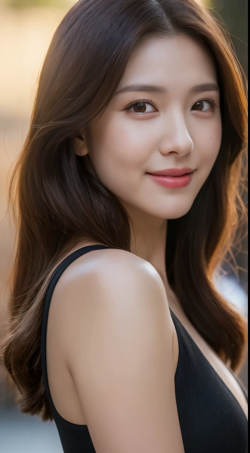 ((Best quality, 8k, Masterpiece :1.3)), 1girl, smiling, full body, slim face, Pretty woman, (Dark brown hair), full length dress :1.1, Ultra-detailed face, Detailed eyes, Double eyelid, blur background, slim face, city, outside, street,