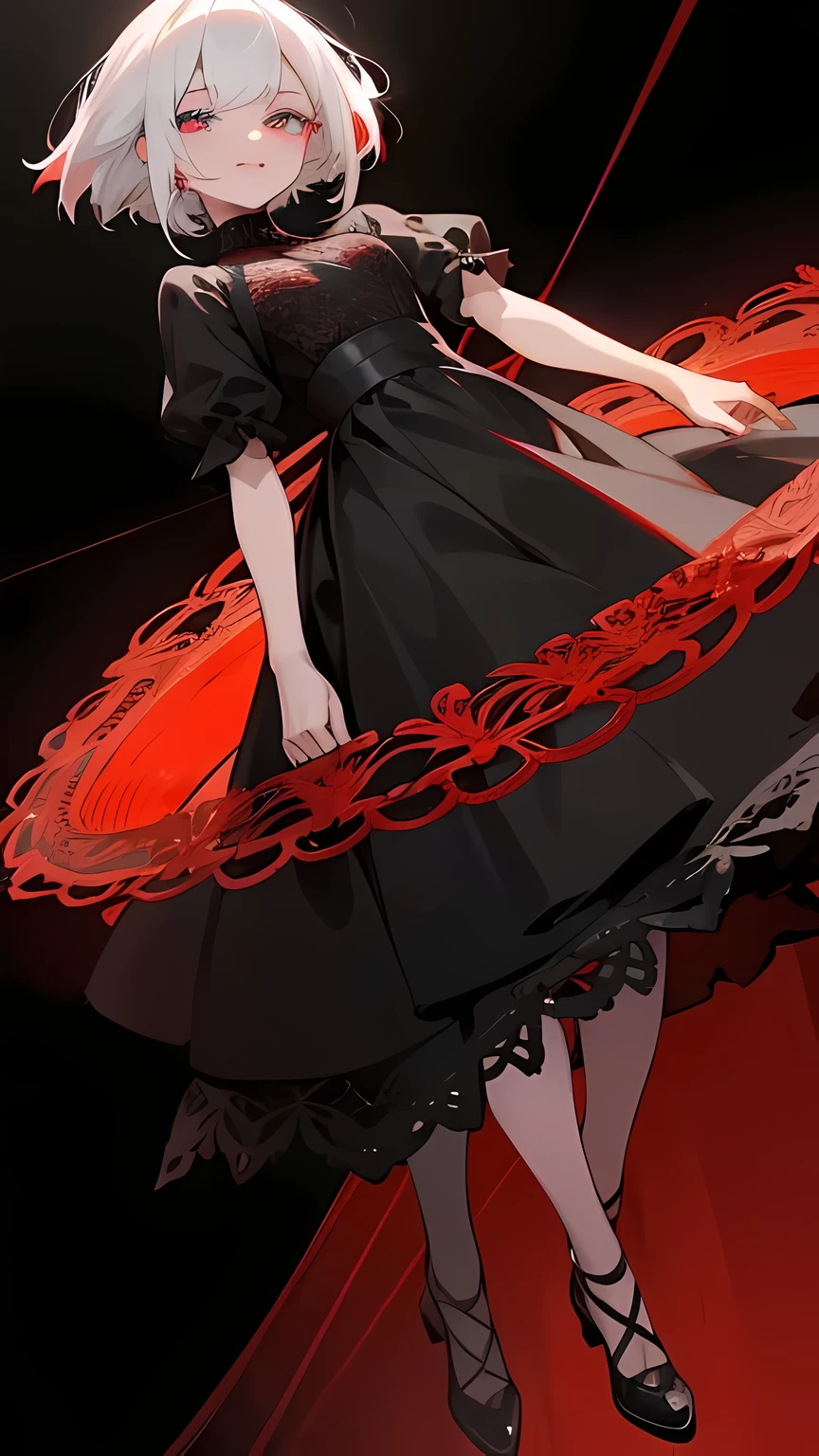 girl,red eyes,white hair,bob hairstyle,black dress,red lace at the bottom dress,cute smile,dark background,(best quality:1.2),ultra-detailed,(perfect face,perfect eyes:1.5),full body shot