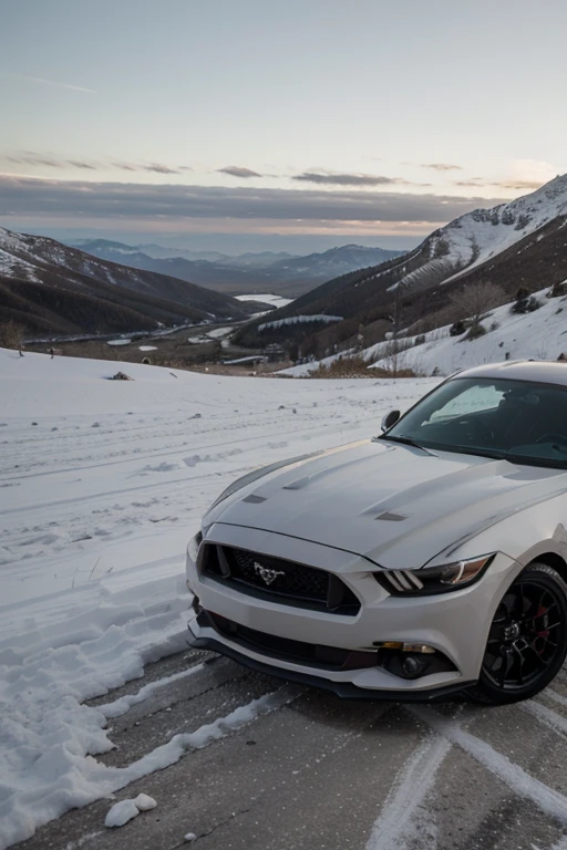 A 2015 mustang gt in the mountains with snow