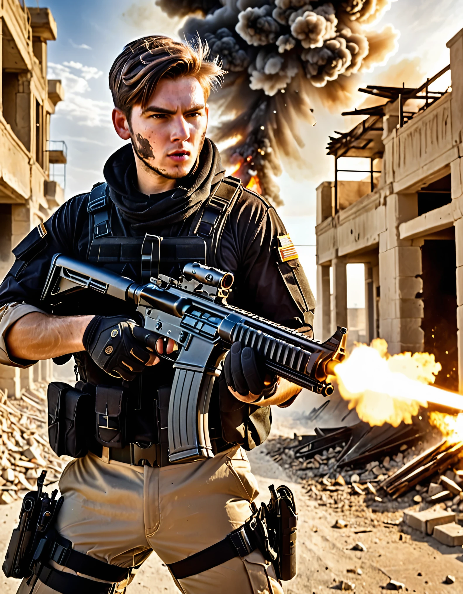 1boy, age 29, (holding, holding gun, weapon, gun, aiming, firing, holding assault rifle, casing ejection, scope, shell casing, smoke, smoking gun, muzzle flash), battle, blurry, blurry foreground, empty desert, (brown hair, combed back hair), hazel eyes, (facial scar, scar on cheek), building, burning, cloud, cloudy sky, day, debris, depth of field, destruction, explosion, fire, sky, (drop-down pistol holster, handgun, pistol, holstered pistol), (helicopter, helicopter hovering above), male focus, military, motion blur, outdoors, rubble, sunset, uniform, full body costume design