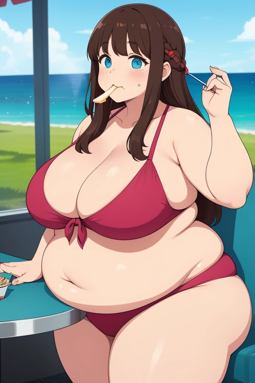 make brownhaired sbbw girl fat as posibble while she eating more fastfood in bikini