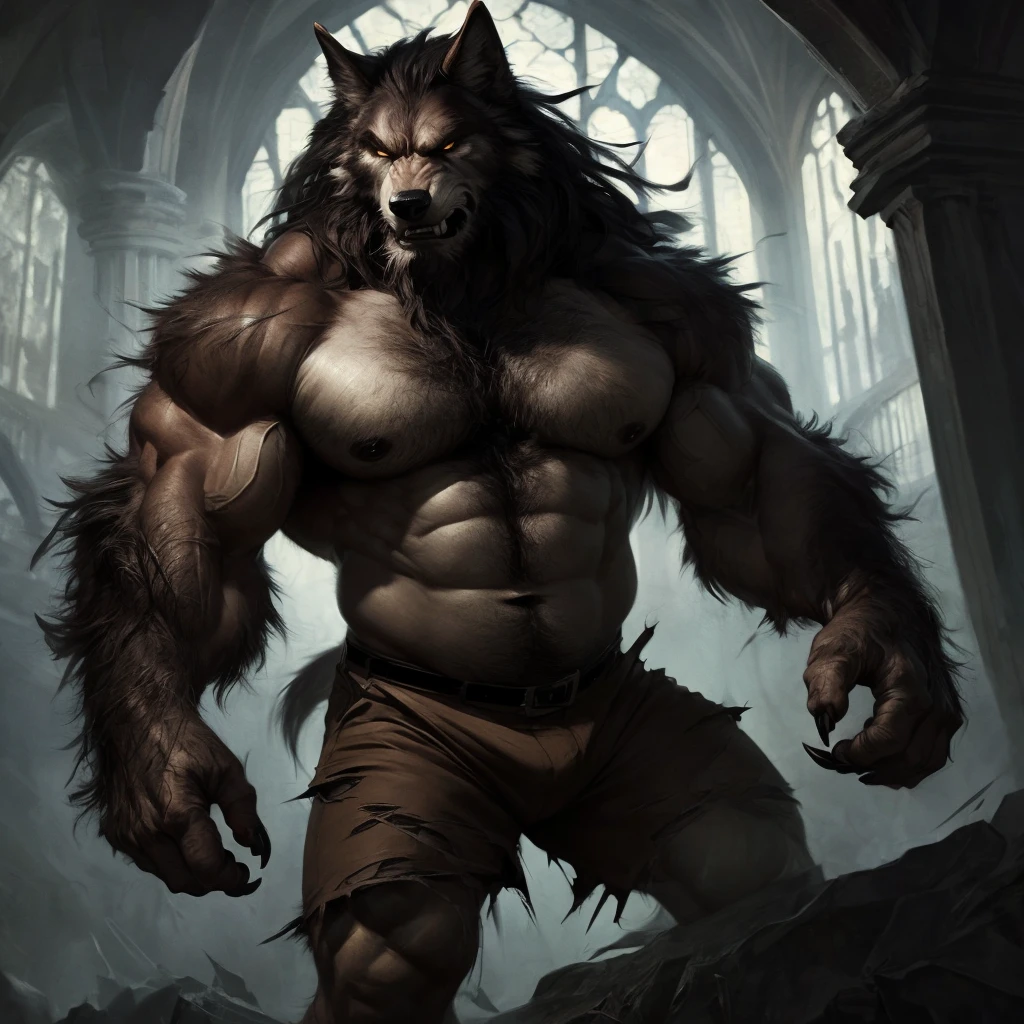 anthro male wolf, muscular, angry , expressive, torn brown shorts, torn shirt, masterpiece, best art, insane res, good anatomy, masculine body, beard, body hair, after transformation, dark church, by darkgem