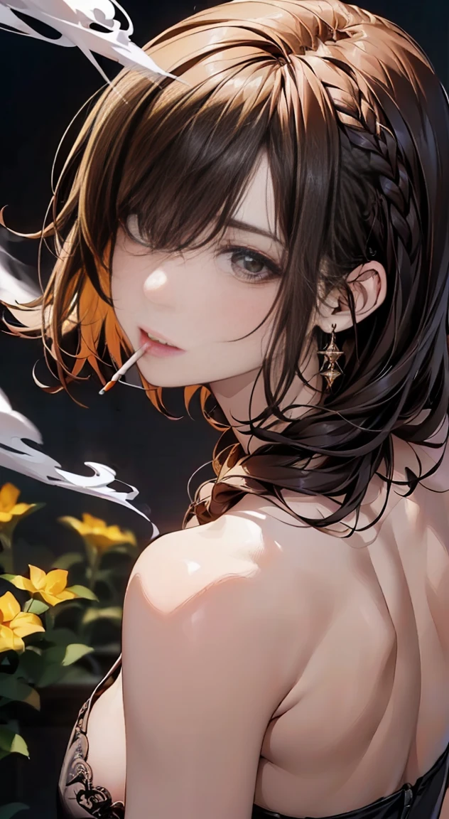 22 years old, (milf:0.8), (solo:1.5), (sfw:1.25), cute breast, beautiful breasts, medium tits, thin waist, big ass:1.0, Raised sexy, (dark mahogany medium short hair, updo, hair band, red eyes, light smile, big , Revimpling fabric, earrings, Hand gloves, detailed face,(smoking:1.3),brunette hair,detailed and beautiful eyes,beautiful detailed lips,Rolling her eyes,manner,hair over one eye, asymmetric hair, Carly hair, low tied braids), (ultra high resolution, 8K RAW photo, photo realistics, thin outline:1.3, clear focus), best qualtiy, natural lighting, textile shading, blurry back ground, field depth, (Bright pupils, fine detailed beautiful eyes with highlight:1.3, high detailed face), Red lip, fine realistic skins:1.1, looking down viewers:1.3, (dynamic angle:1.3, front view:1.1, breast focus:1.3, from below:1.2), (dynamic posing:1.5, sexy posing:1.2),Youghal, side lock, hair ornaments, hair band,nice,garden background,artistic rendering,Super detailed,(highest quality,4k,8K,High resolution,masterpiece:1.2),Bright colors,studio lighting