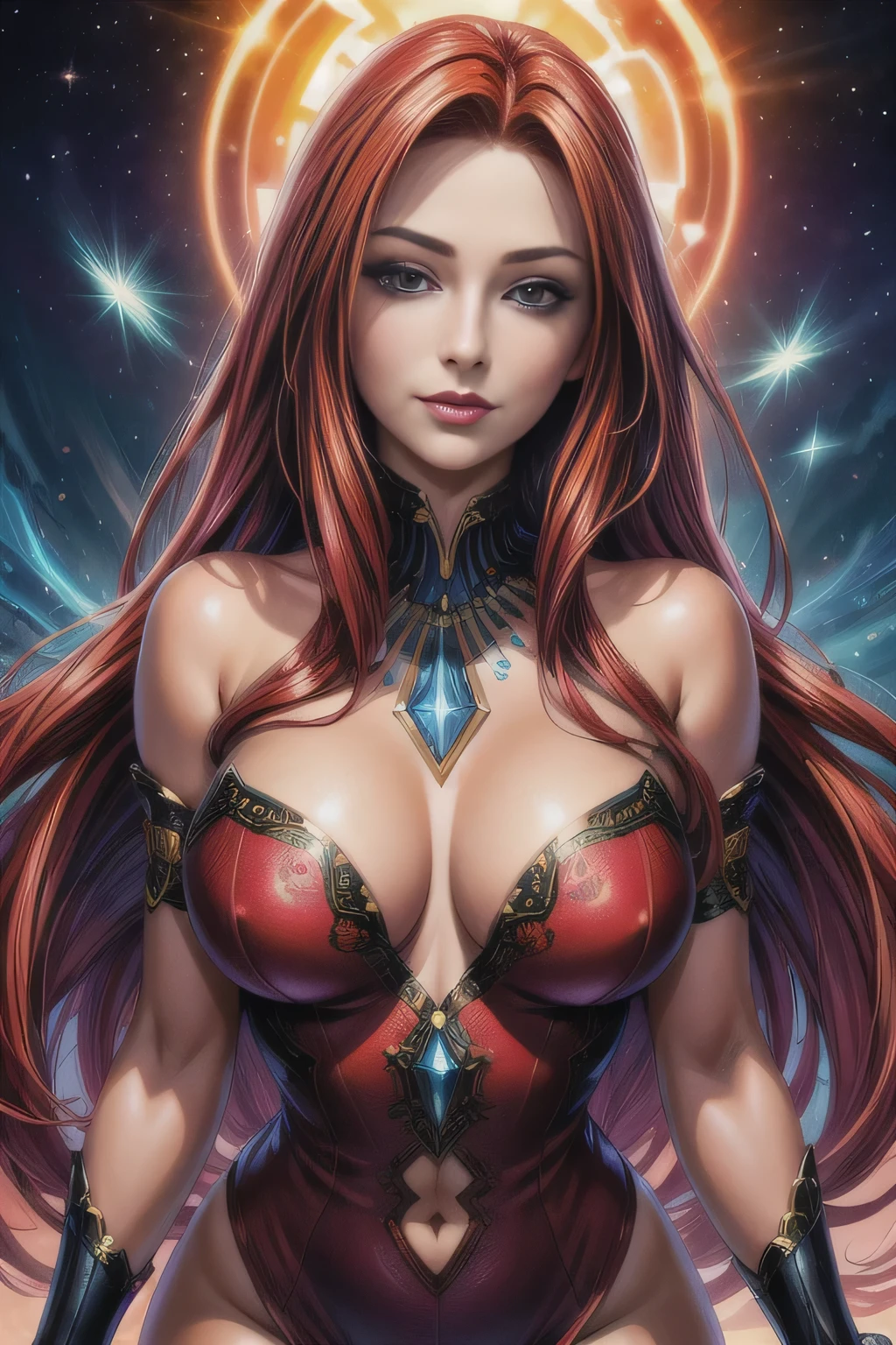 Portrait, beautiful woman with vivid red hair hair and a silky red dress, hourglass figure, symmetrical figure, highly detailed face, beautiful face, calming black eyes, lush red lips, smiling, alluring, stunning digital illustration, cosmic fantasy background, beautiful digital artwork, magenta lighting, glossy digital painting, gorgeous digital art, 4k detailed digital art, beautiful digital illustration, 4k highly detailed digital art, beautiful digital art, realistic digital art 4k, realistic digital art 4k, airbrush digital art