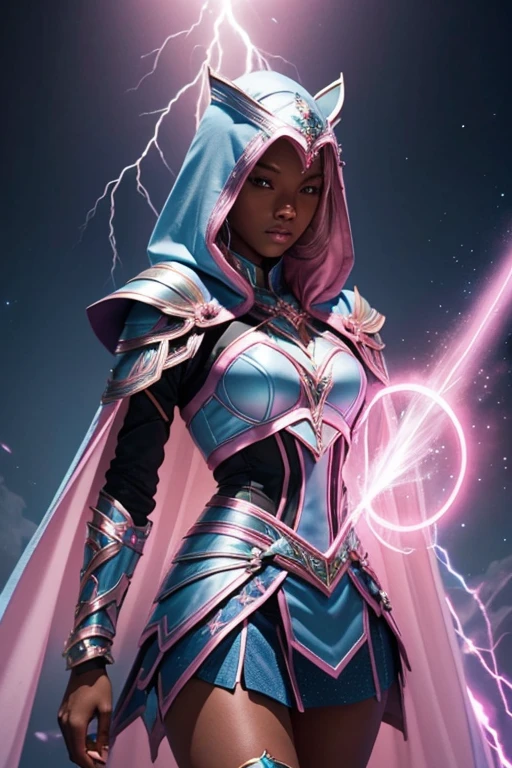 black dark skin female blond dark fantasy knight wearing an intricate elaborate futuristic light blue armor with elaborated pink ornaments, blue pointed hooded tunic no helmet, pink short cape, pink short mini skirt, wearing a short staff, pink lightning, pink eclipse, magic circle behind, ethereal lightning, sharp focus