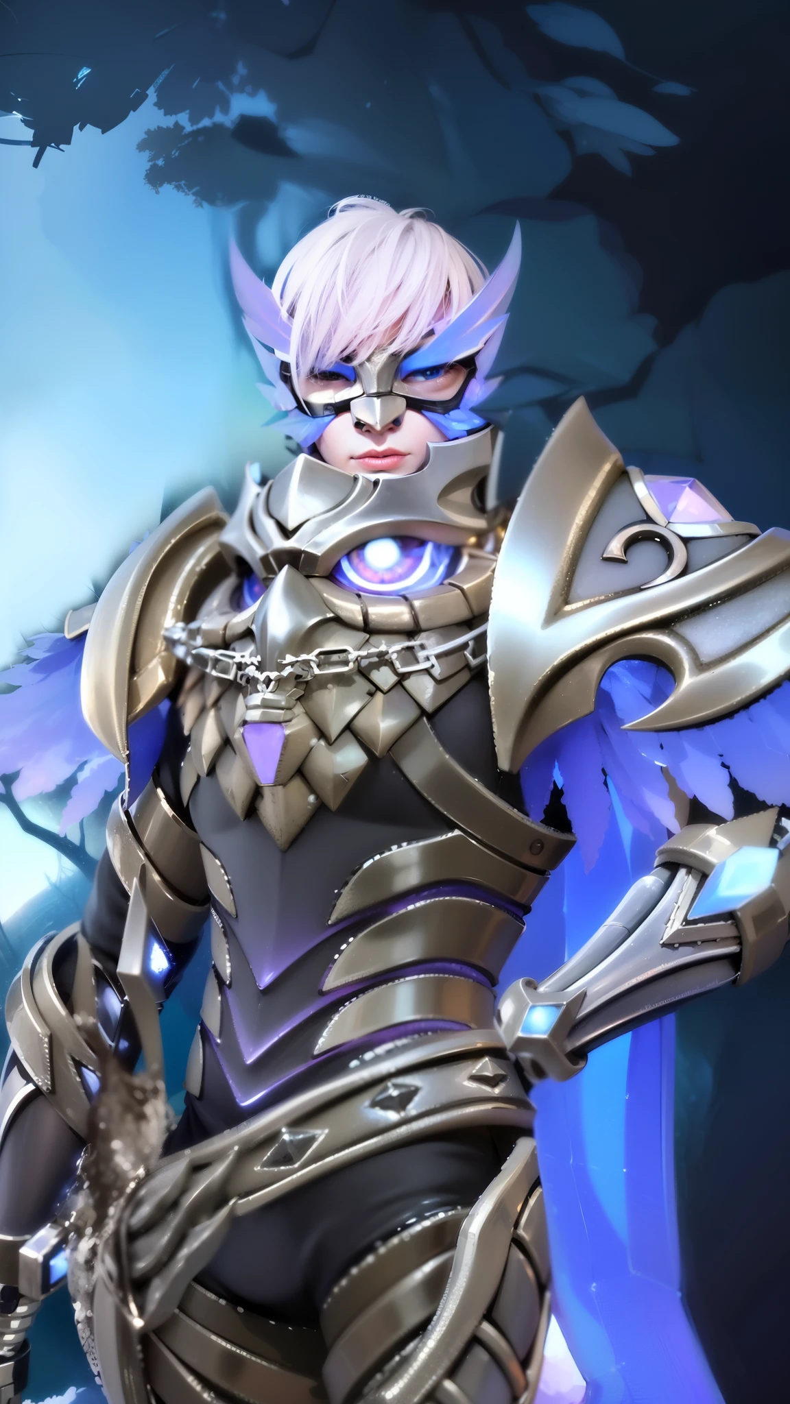 a close up of a boy in a costume with a mask, sliver ice color reflected armor, shinning armor, ice crystal armor, ice lord, grimdark paladin, wearing thunder armor, crystalline skin, wearing diamond armor, clothed in ethereal armor, ice mage, warrior platinum armor, mystical atlantean valkyrie, 8k, ultra hd, ultra detailed texture, hyper realistic, masterpiece, detailed texture, detailed face, detailed skin, detailed lighting, (photorealistic:1.5), best quality, beautiful lighting, cinematic lighting, professional lighting, ultra highres, realistic, detailed hair, real hair, high quality, (realskin:1.5), extremely detailed, finely detail, ultra-detailed