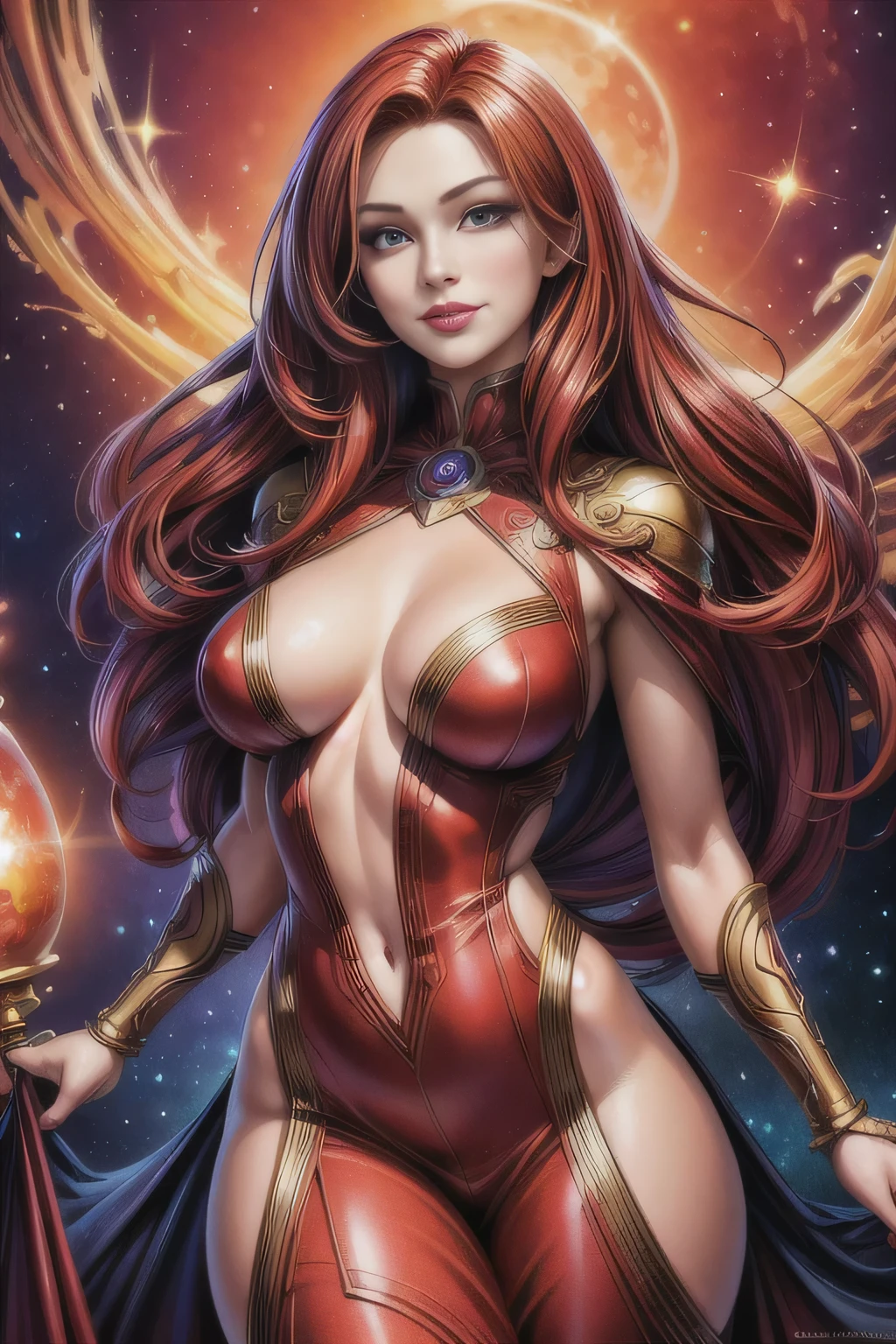 Portrait, beautiful woman with vivid red hair hair and a silky red dress, hourglass figure, symmetrical figure, highly detailed face, beautiful face, calming black eyes, lush red lips, smiling, alluring, stunning digital illustration, cosmic fantasy background, beautiful digital artwork, magenta lighting, glossy digital painting, gorgeous digital art, 4k detailed digital art, beautiful digital illustration, 4k highly detailed digital art, beautiful digital art, realistic digital art 4k, realistic digital art 4k, airbrush digital art
