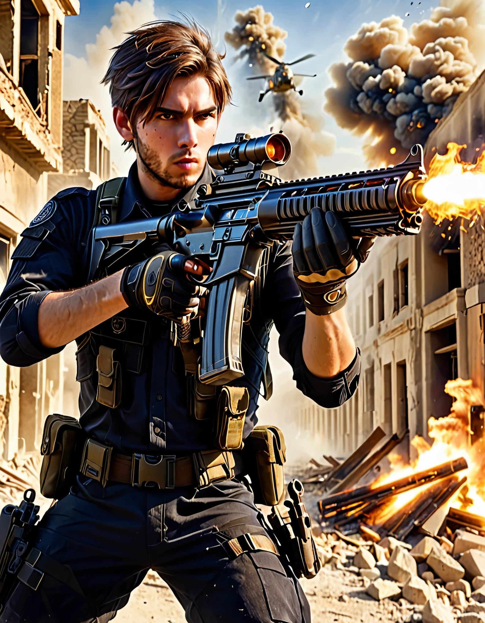 1boy, age 29, (holding, holding gun, weapon, gun, aiming, firing, holding assault rifle, casing ejection, scope, shell casing, smoke, smoking gun, muzzle flash), battle, blurry, blurry foreground, empty desert, (brown hair, combed back hair), hazel eyes, (facial scar, scar on cheek), building, burning, cloud, cloudy sky, day, debris, depth of field, destruction, explosion, fire, sky, (drop-down pistol holster, handgun, pistol, holstered pistol), (helicopter, helicopter hovering above), male focus, military, motion blur, outdoors, rubble, sunset, uniform, full body costume design