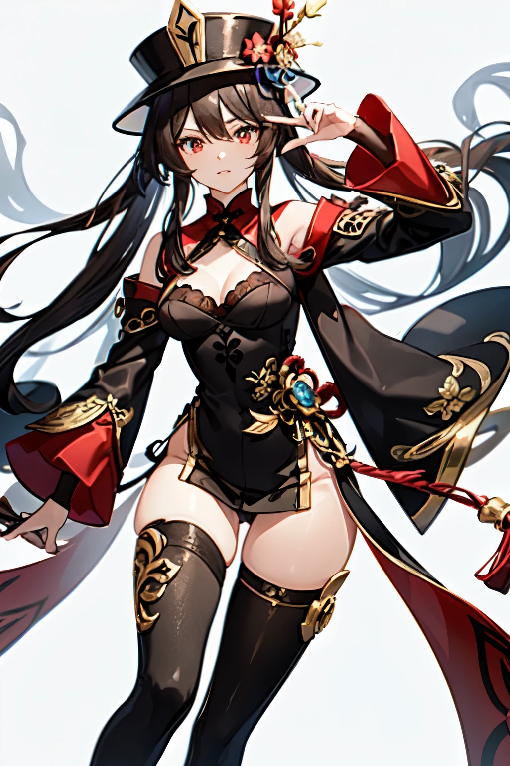 ((Mejor calidad)), ((obra maestra)), (detallado), cara perfecta(1 sexy anime girl),(genshin impact),(Hu Tao),(long brown hair),(red eyes),(clothes: A colored blouse with long sleeves and open on the shoulders),(the blouse has details gold details and a collar closure),(tight black thigh-high pants),(black belt with gold details surrounding the waist),(a pair of long black stockings),(black boots with gold details on top),( a brown hat with red flowers).