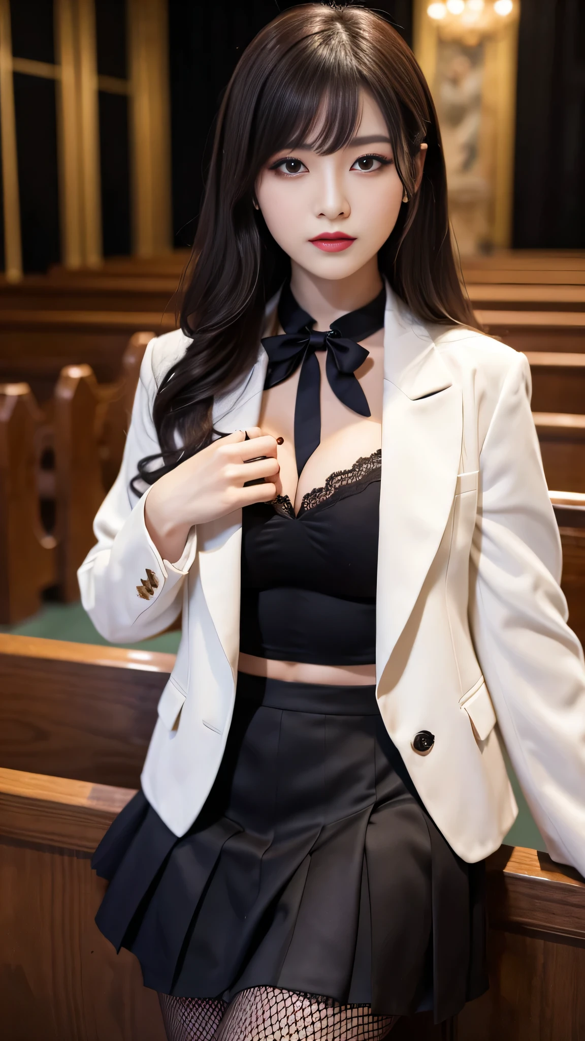 tra-detailed、Japanese、Attractive beauty、seductive adult woman、Pretty Woman、piercing eyes、cool girl、wavy hair、swept bangs、suit、Jacket、blouse、ribbon、Tight Skirt、fishnet pantyhose、Glossy legs、Evil cadres、Fallen into evil、brainwash、mind control、lipstick、lip gloss、dark makeup、smirk、Evil expression、evil、hollow eyes,half-closed eyes、empty eyes、evil、night room、church at night、Vampire、succubus、vampire、Swear allegiance、stand、