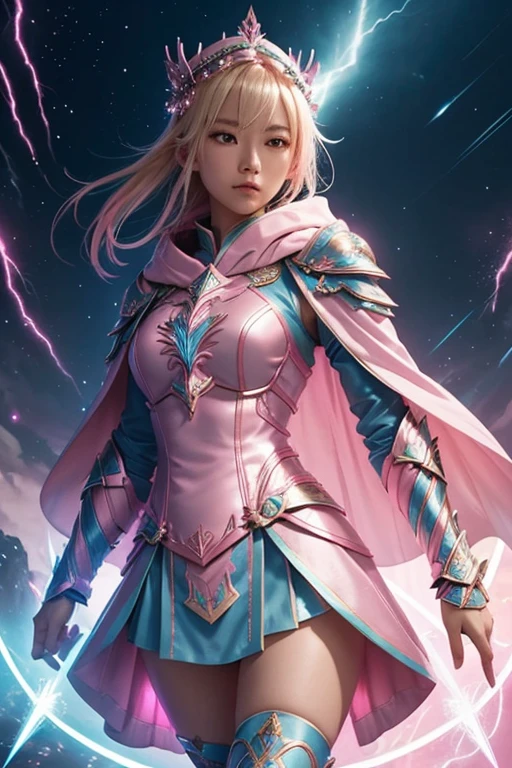 Asian female blond dark fantasy knight wearing an intricate elaborate futuristic light blue armor with elaborated pink ornaments, blue pointed hooded tunic no helmet, pink short cape, pink short mini skirt, wearing a short staff, pink lightning, pink eclipse, magic circle behind, ethereal lightning, sharp focus