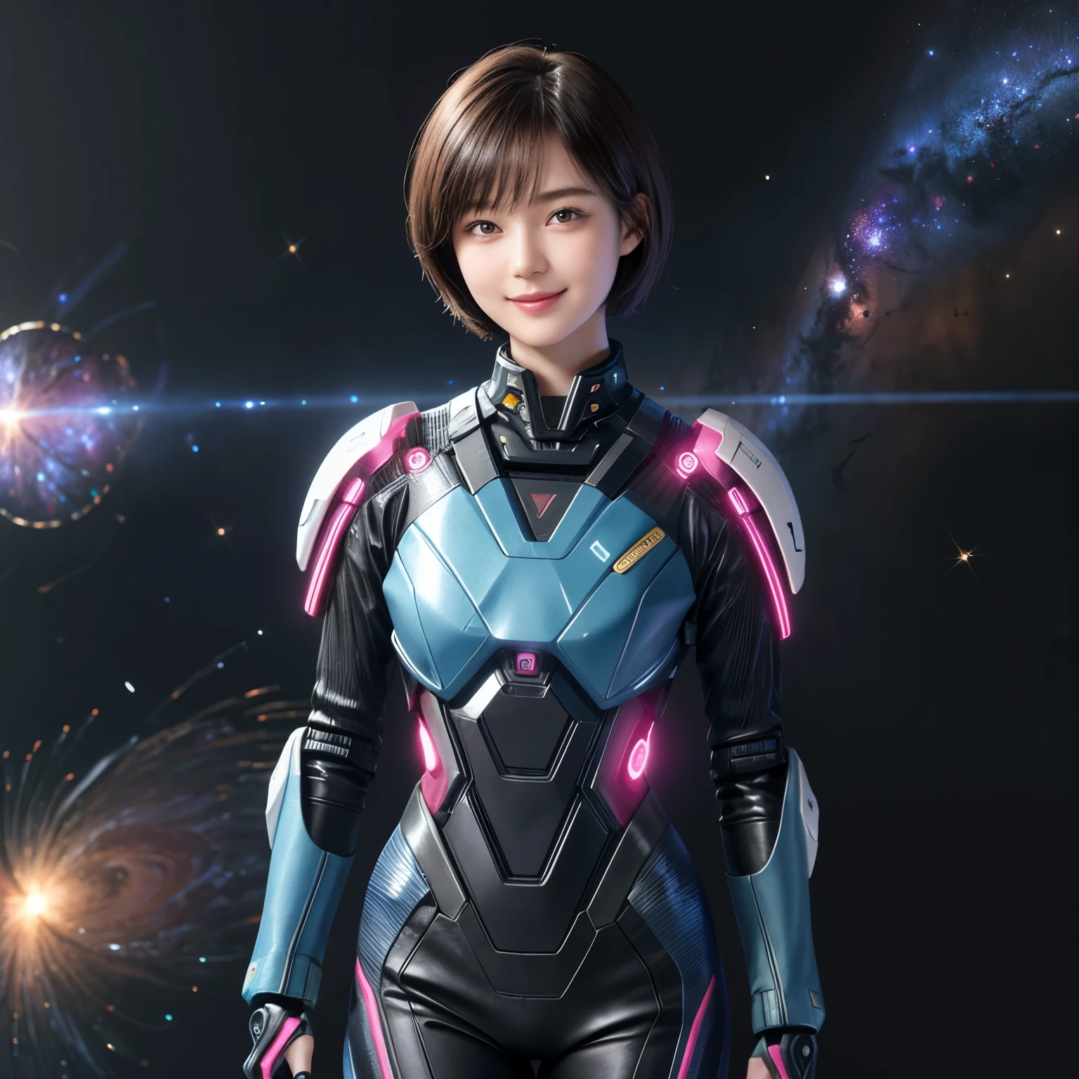 208 Short Hair, 20 year old female, Floral, gentle smile, Futuristic clothing, Mechanical Suit, (The background is a galaxy and nebula)