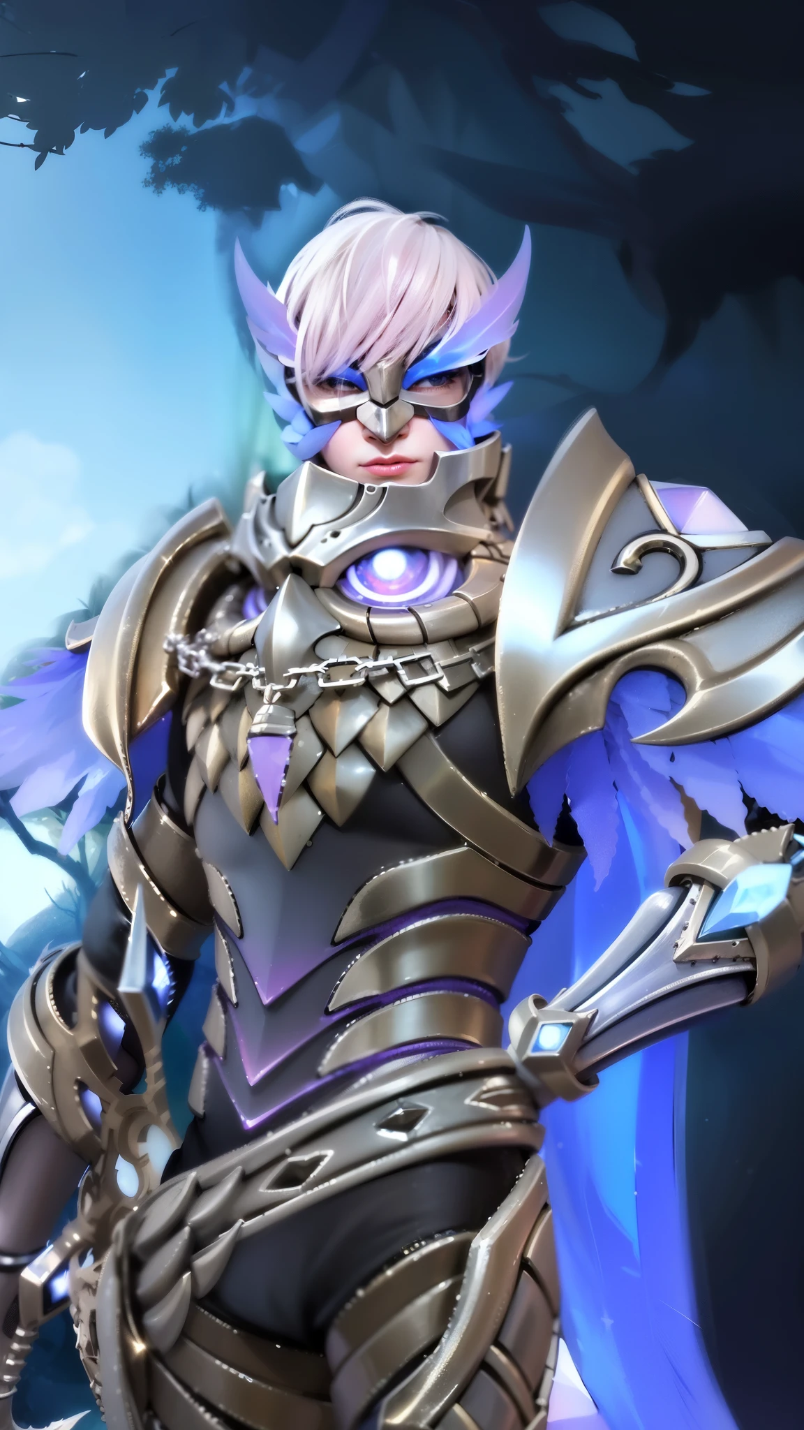 a close up of a boy in a costume with a mask, sliver ice color reflected armor, shinning armor, ice crystal armor, ice lord, grimdark paladin, wearing thunder armor, crystalline skin, wearing diamond armor, clothed in ethereal armor, ice mage, warrior platinum armor, mystical atlantean valkyrie, 8k, ultra hd, ultra detailed texture, hyper realistic, masterpiece, detailed texture, detailed face, detailed skin, detailed lighting, (photorealistic:1.5), best quality, beautiful lighting, cinematic lighting, professional lighting, ultra highres, realistic, detailed hair, real hair, high quality, (realskin:1.5), extremely detailed, finely detail, ultra-detailed
