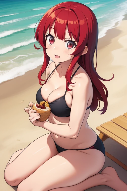 redhaired girl found food on beach