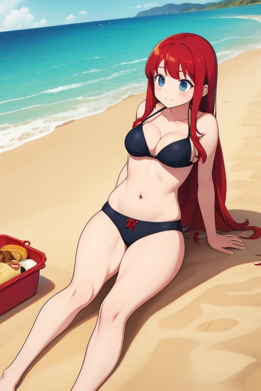 redhaired girl found food on beach