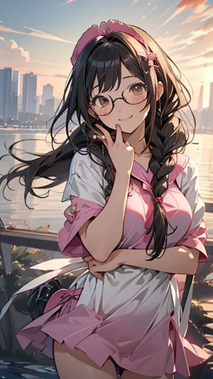 hanekawatsubasa, hanekawa tsubasa,(smile),(with sparkling eyes and a contagious smile),her pink panty pulled by self,a , long hair, black hair, hair ornament, (brown eyes:1.1), braid, hairclip, twin braids, glasses, pink bikini, outdoors, beach, looking at viewer, (masterpiece:1.2), best quality, high resolution, unity 8k wallpaper, (illustration:0.8), (beautiful detailed eyes:1.2), extremely detailed face, perfect lighting, extremely detailed CG, (perfect hands, perfect anatomy),