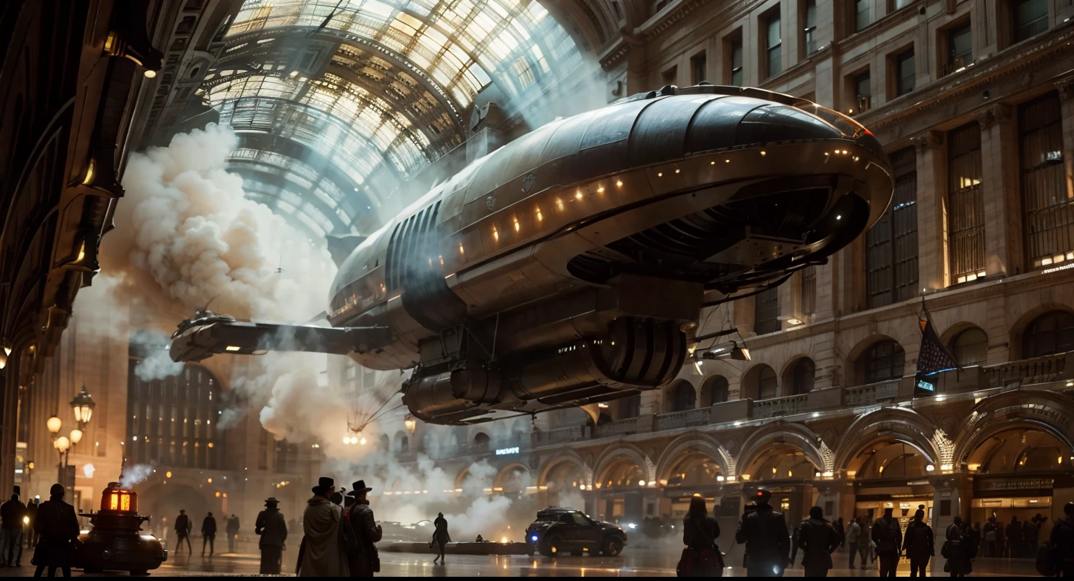jules breton, alien STEAM powered spacecraft arriving in grand central station in 1841, adventure, dramatic lighting, shadowy 