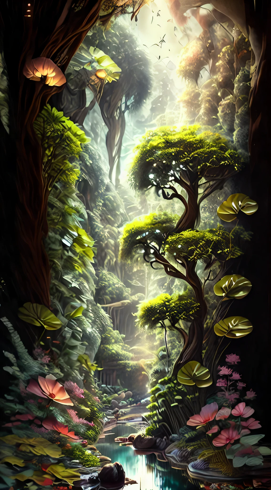 in a magical forest of lush idyllic, exotic green plants and lush flowers, Crystal clear water leaks: 1.2, Small creature with features of a mushroom and an octopus on top, Beeple and Jeremiah Ketner, an alien mushroom with tentacles, very beautiful and cute:1.3, Detailed small eyes, and thin mouth, too cute, Fantasy, magic, mythological, fairy tale, magic tale, Detailed background, Global lighting:1.2, Celestial lighting:1.2, lighting magic, backlight , 3d stylized rendering, 3D rendering beep, Highly detailed 4K digital illustrations, Daily Beeple Illustrations, Cute Detailed digital illustrations, Detailed 3D digital illustrations, 8K high quality detailed illustrations, Next generation VFX Autodesk Maya, Post-production, 32k