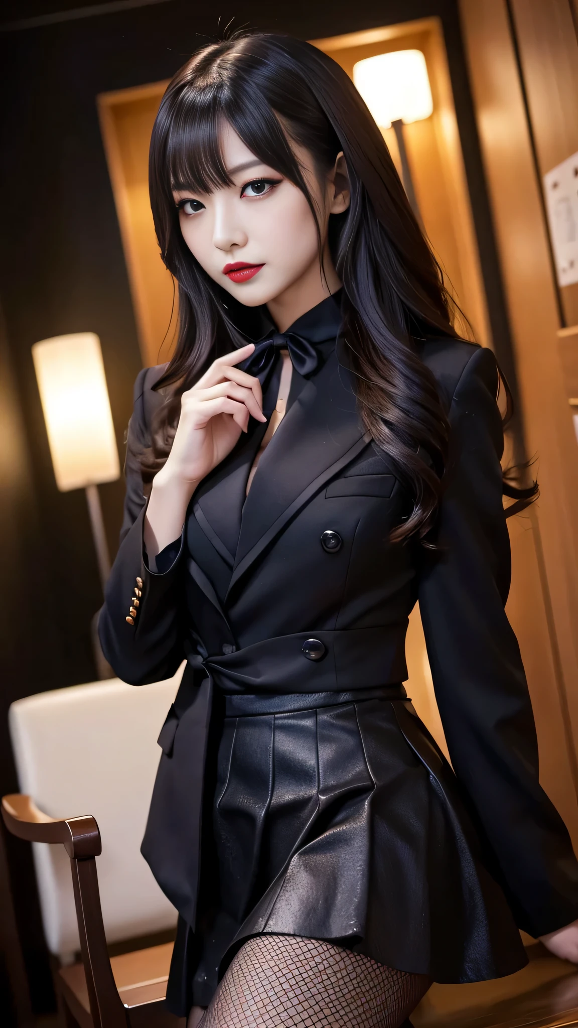 tra-detailed、Japanese、Attractive beauty、seductive adult woman、Pretty Woman、piercing eyes、cool girl、wavy hair、swept bangs、suit、Jacket、blouse、ribbon、Tight Skirt、fishnet pantyhose、Glossy legs、Evil cadres、Fallen into evil、brainwash、mind control、lipstick、lip gloss、dark makeup、smirk、Evil expression、evil、hollow eyes,half-closed eyes、empty eyes、evil、night room、church at night、Vampire、succubus、vampire、Swear allegiance、stand、