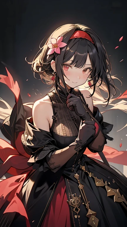 yor briar, anime style beutiful woman, 1girl, happy, smile, red face, closed mouth, beautiful detailed eyes, super detailed skin, backlighting, bare shoulders, black background, black dress, black gloves, black hair, breasts, dress, earrings, fingerless gloves, floating hair, floral print, flower, gloves, gold earrings, gold hairband, hair flower, hair ornament, hairband, holding, holding weapon, jewelry, large breasts, long hair, looking at viewer, off-shoulder dress, off shoulder,red eyes, short hair with long locks, sidelocks, solo, spikes, thighs, two-sided dress, two-sided fabric, weapon, fighting stance , face, close up, from above, highest quality, high resolution.