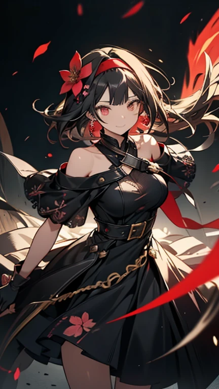 yor briar, anime style beutiful woman, 1girl, happy, smile, red face, closed mouth, beautiful detailed eyes, super detailed skin, backlighting, bare shoulders, black background, black dress, black gloves, black hair, breasts, dress, earrings, fingerless gloves, floating hair, floral print, flower, gloves, gold earrings, gold hairband, hair flower, hair ornament, hairband, holding, holding weapon, jewelry, large breasts, long hair, looking at viewer, off-shoulder dress, off shoulder,red eyes, short hair with long locks, sidelocks, solo, spikes, thighs, two-sided dress, two-sided fabric, weapon, fighting stance , face, close up, from above, highest quality, high resolution.
