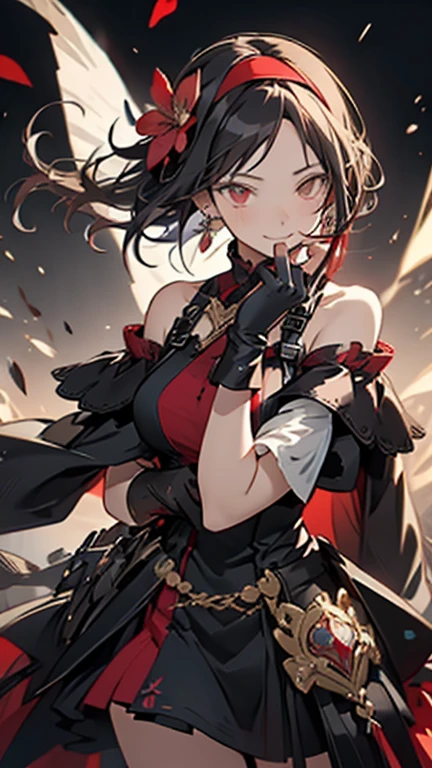 yor briar, anime style beutiful woman, 1girl, happy, smile, red face, closed mouth, beautiful detailed eyes, super detailed skin, backlighting, bare shoulders, black background, black dress, black gloves, black hair, breasts, dress, earrings, fingerless gloves, floating hair, floral print, flower, gloves, gold earrings, gold hairband, hair flower, hair ornament, hairband, holding, holding weapon, jewelry, large breasts, long hair, looking at viewer, off-shoulder dress, off shoulder,red eyes, short hair with long locks, sidelocks, solo, spikes, thighs, two-sided dress, two-sided fabric, weapon, fighting stance , face, close up, from above, highest quality, high resolution.
