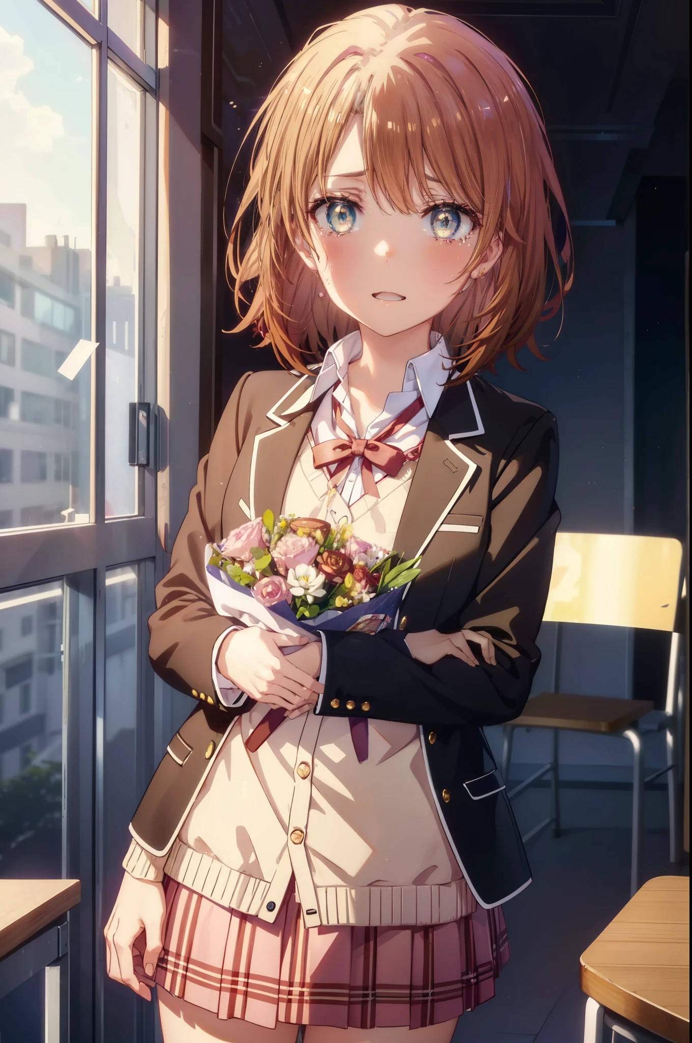 irohaisshiki, Isshiki Iroha, short hair, brown hair, (Brown ruby eyes:1.5), smile,blush,Open your mouth wide,Tears running down her face,Tears of joy、I cry a lot、break skirt, shirt, ribbon, , Jacket, white shirt, open clothes, socks, open Jacket, black Jacket, plaid, knee high, plaid skirt, blazer, cardigan, black socks, pink cardigan,Holding a large bouquet in both hands ,birthday,A birthday cake is on the table,confetti,evening,sunset,The sun is setting,
break indoors,School classroom ,
break looking at viewer,Upper body,(cowboy shot:1. 3)
break (masterpiece:1.2), highest quality, High resolution, unity 8k wallpaper, (shape:0.8), (beautiful and detailed eyes:1.6), highly detailed face, perfect lighting, Very detailed CG, (perfect hands, perfect anatomy),