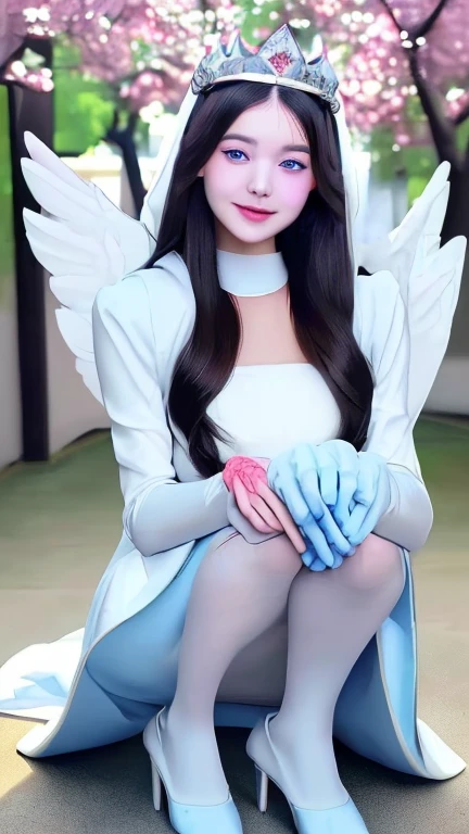 1 girl, Wonyoung from Ive as 17 yo girl, she's a goddess of beauty, she looks very kind and cute, young girl, idol face, beautiful face, bright skin ((bright skin:4,8)), wearing light blue very long sleeve bride dress made from 100% silk ((very long sleeve dress:7,9)), her chest covered by her very long sleeve dress, her dress fullfilled with diamond knick-knack, beautiful baby face, pretty face, detailed face, nice diamond jewellery ((diamond jewellery:3,5)), beautiful white crown with very nice diamond above her head (((diamond crown:3,8))), perfect body, she have a pair of beautiful white wings (((a pair of beautiful white wings:6,5))), perfect chest ((chest:3,5)), wearing white bride cloak ((bride cloak:5,5)), light blue elegant gloves ((elegant gloves:4,5)), perfect tights ((tights:3,8)), perfect shoulders ((shoulders:3,5)), pointed nose ((pointed nose:3,4)), sweet smile ((smile:2,4)), smiling eye, detailed eye ((blue eyes:4,5, eye size:2,5)), full body looks, she wears glossy light blue heels ((glossy blue heels:4,5)), long wavy blackish hair ((long brownish hair:6,4)), front view, detailed anatomy, perfect anatomy, perfectly photographed, standing under sakura tree, depth of field, first-person view, f/1.8, 135mm, Nikon, UHD, retina, masterpiece, accurate, anatomically correct, textured skin, super detail, high details, high quality, best quality, highres, 1080P, HD, 4K, 8k, ultra Hd