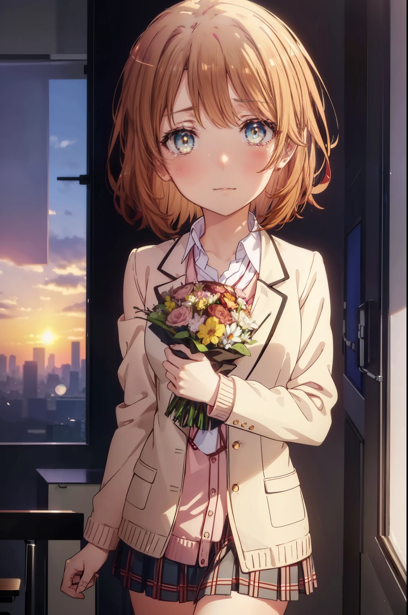 irohaisshiki, Isshiki Iroha, short hair, brown hair, (Brown ruby eyes:1.5), smile,blush,Open your mouth wide,Tears running down her face,Tears of joy、I cry a lot、break skirt, shirt, ribbon, , Jacket, white shirt, open clothes, socks, open Jacket, black Jacket, plaid, knee high, plaid skirt, blazer, cardigan, black socks, pink cardigan,Holding a large bouquet in both hands ,birthday,A birthday cake is on the table,confetti,evening,sunset,The sun is setting,
break indoors,School classroom ,
break looking at viewer,Upper body,(cowboy shot:1. 3)
break (masterpiece:1.2), highest quality, High resolution, unity 8k wallpaper, (shape:0.8), (beautiful and detailed eyes:1.6), highly detailed face, perfect lighting, Very detailed CG, (perfect hands, perfect anatomy),