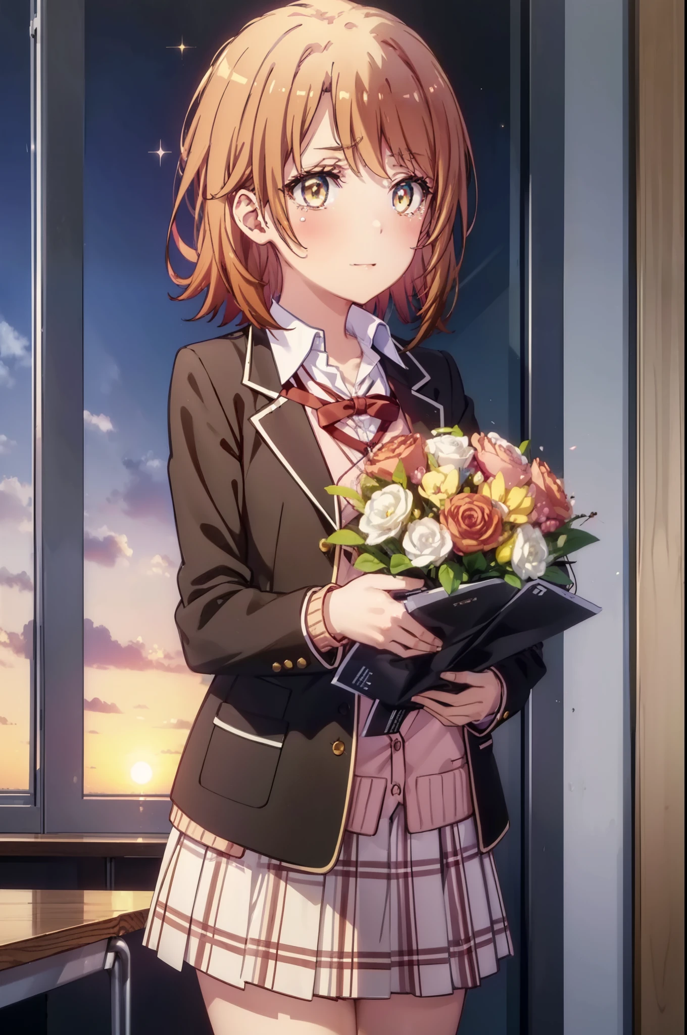 irohaisshiki, Isshiki Iroha, short hair, brown hair, (Brown ruby eyes:1.5), smile,blush,Open your mouth wide,Tears running down her face,Tears of joy、I cry a lot、break skirt, shirt, ribbon, , Jacket, white shirt, open clothes, socks, open Jacket, black Jacket, plaid, knee high, plaid skirt, blazer, cardigan, black socks, pink cardigan,Holding a large bouquet in both hands ,birthday,A birthday cake is on the table,confetti,evening,sunset,The sun is setting,
break indoors,School classroom ,
break looking at viewer,Upper body,(cowboy shot:1. 3)
break (masterpiece:1.2), highest quality, High resolution, unity 8k wallpaper, (shape:0.8), (beautiful and detailed eyes:1.6), highly detailed face, perfect lighting, Very detailed CG, (perfect hands, perfect anatomy),